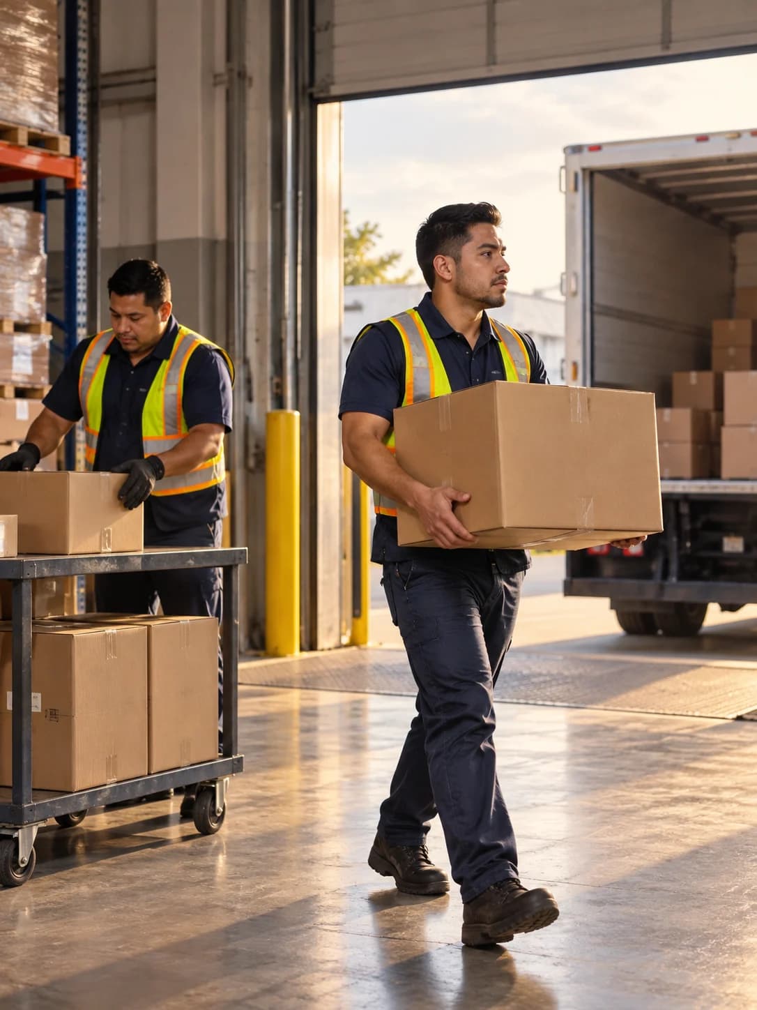 Personal de almacén trasladando cajas hacia una unidad de reparto