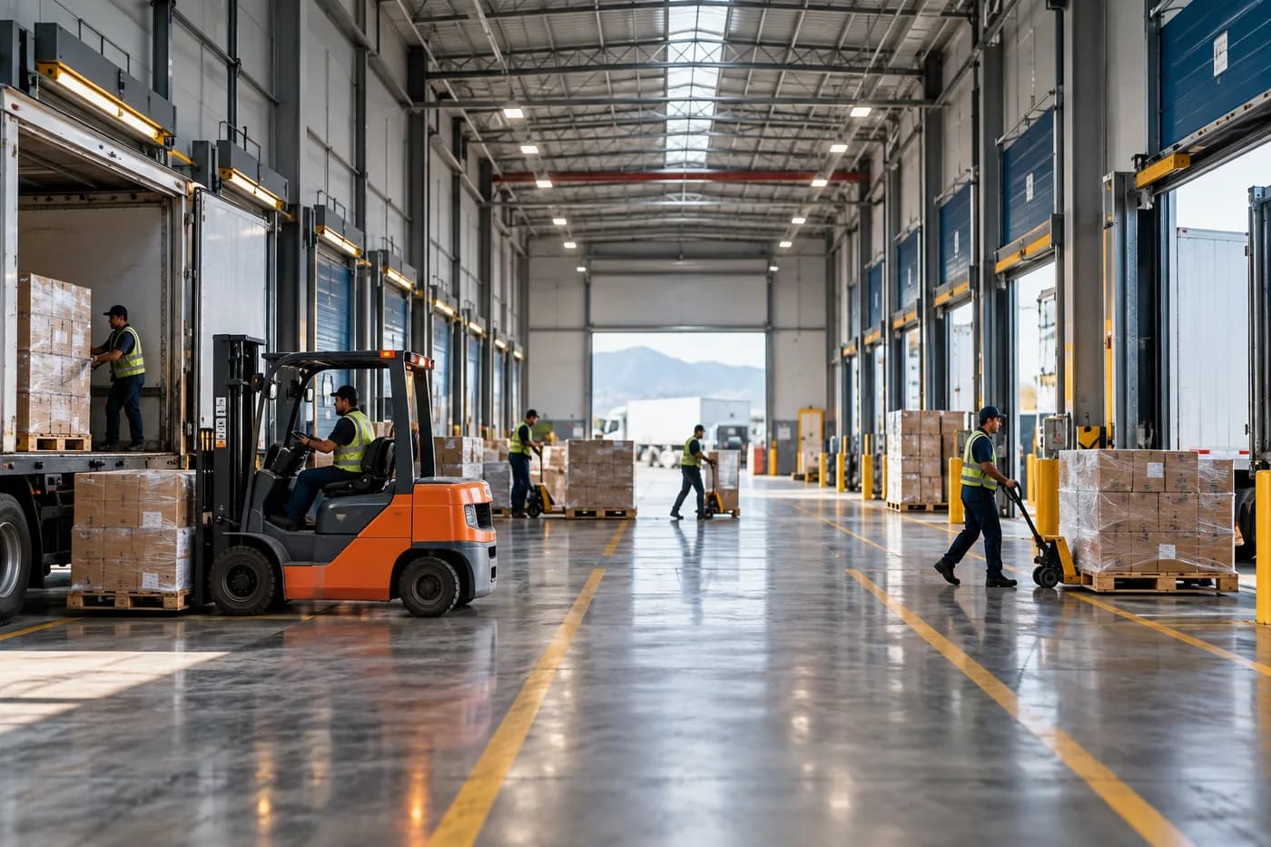 Mercancía pasando de recepción a embarque durante una operación de cross-docking