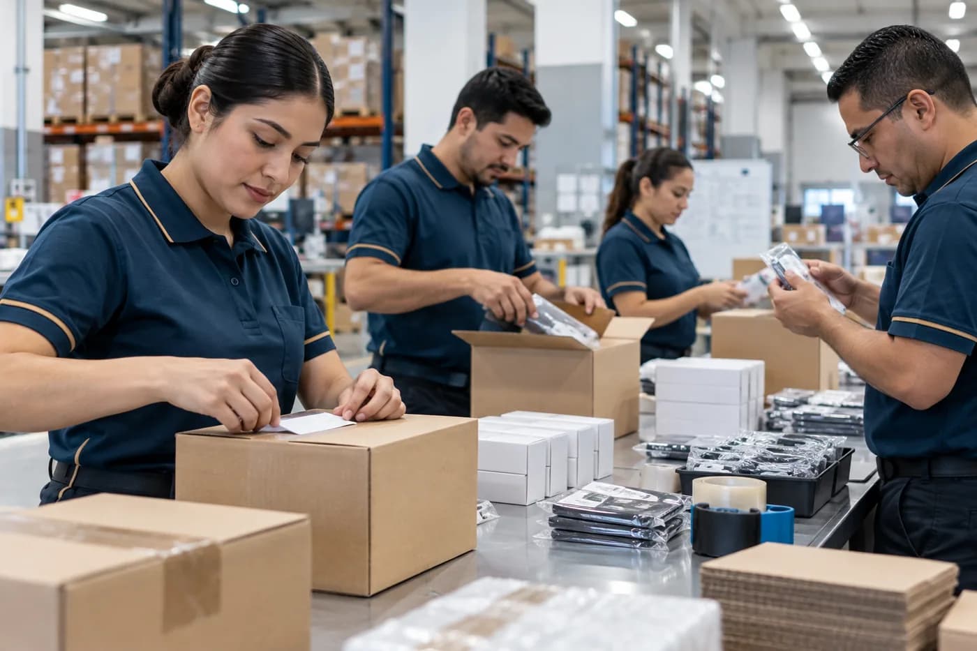 Personal etiquetando y acondicionando cajas en una mesa de trabajo